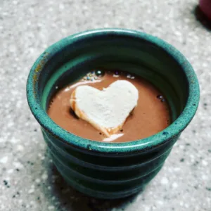 heart-shaped marshmallow in a green mug of hot chocolate