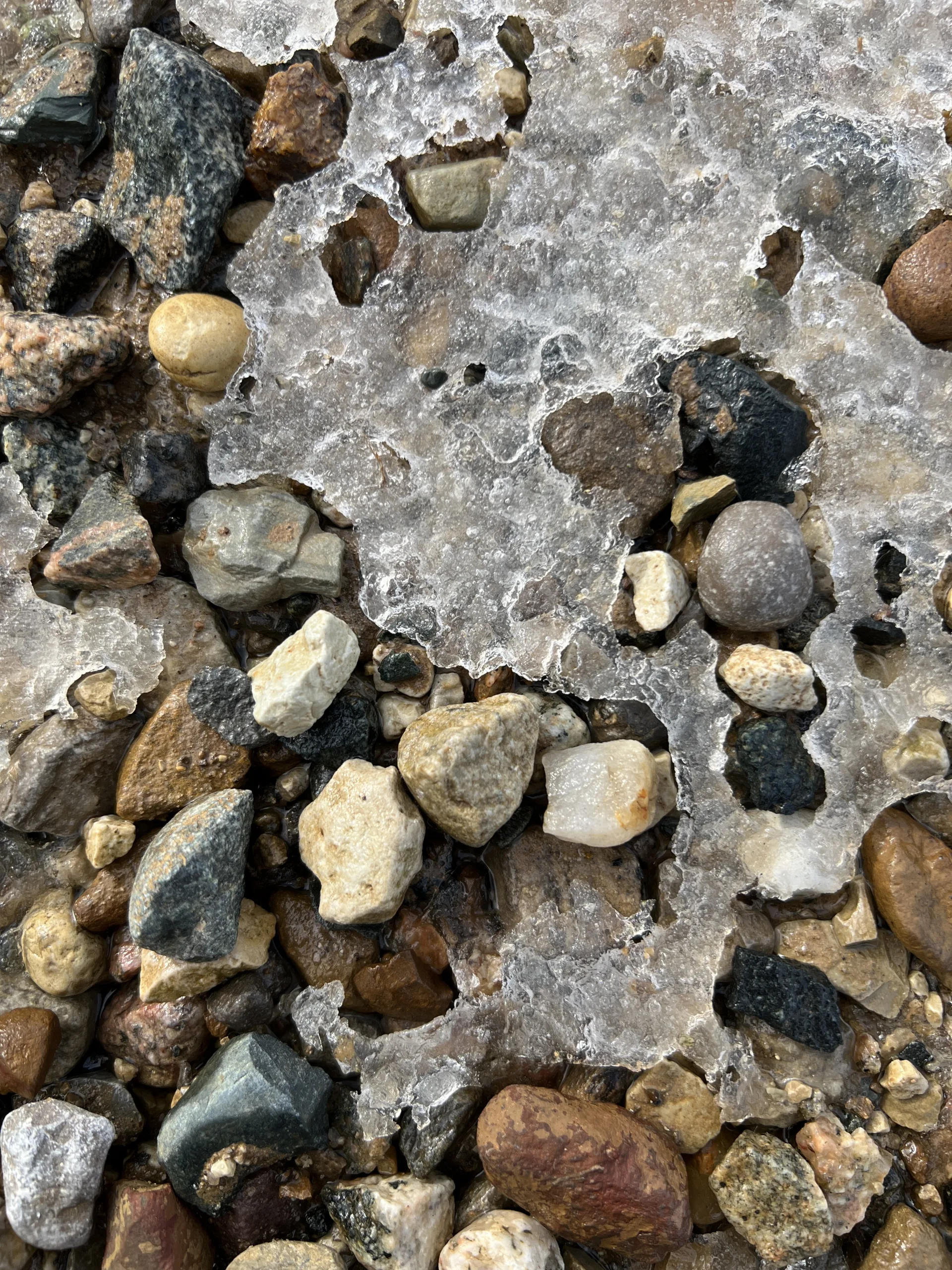 stones and ice on ground in winter