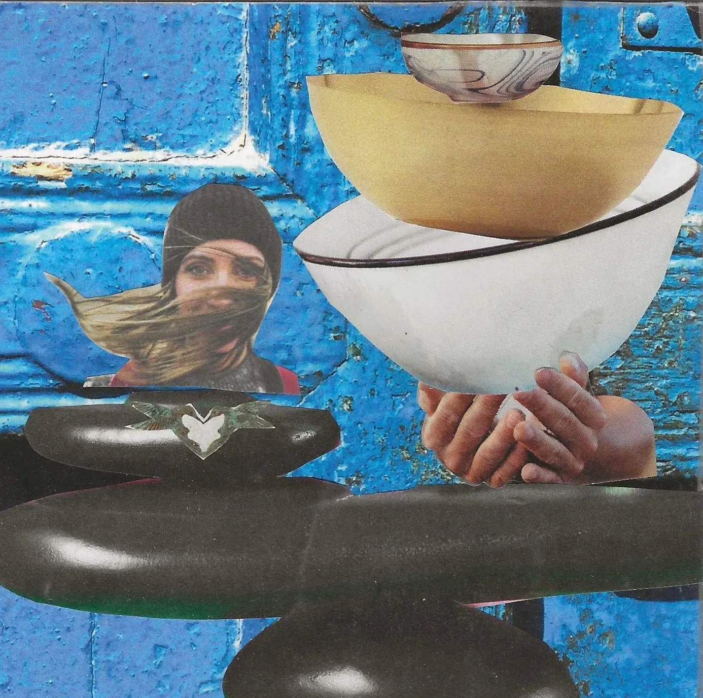 collage featuring stones, hands, and faces on a blue background